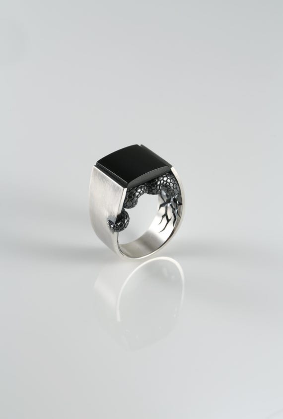 Sterling Silver Snake Ring with Black Onyx Coiled Serpent Sculpted Ring | Gothic Men's Statement Jewelry Handmade Reptile Ring Lazulite Ring