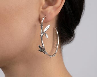 925 Sterlingsilber Bambusblatt Creolen - Natur inspirierte große Statement Creolen - Botanisches Schmuck Geschenk für sie Elegante runde Ohrringe