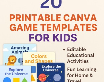 Puede incluir: Veinte plantillas de juegos imprimibles de Canva para niños. Las plantillas presentan ilustraciones coloridas de animales, formas, colores y espacio. El texto en las plantillas dice "Animales increíbles", "Colores y formas", "Explorar el universo" y "Explorar el universo".