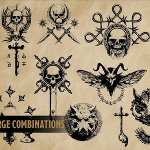 May include: Ten black and white gothic illustrations on a tan background. The designs include skulls, daggers, crosses, and other dark symbols. The text "10 LARGE COMBINATIONS" is at the bottom.