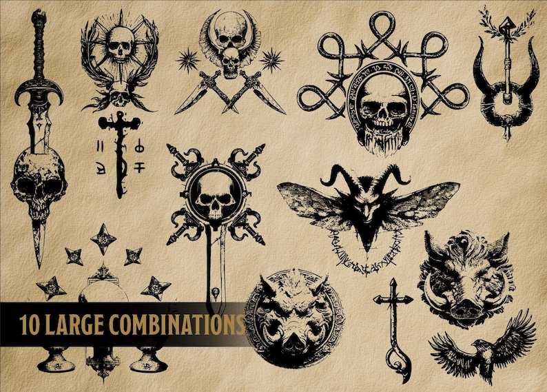 May include: Ten black and white gothic illustrations on a tan background. The designs include skulls, daggers, crosses, and other dark symbols. The text "10 LARGE COMBINATIONS" is at the bottom.
