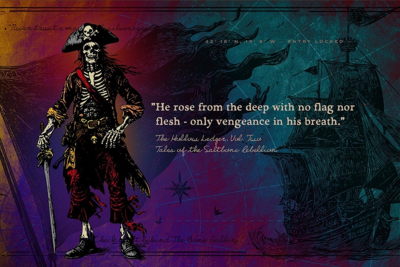 May include: Illustration of a skeletal pirate with a tricorn hat and sword, standing before a ship. The image has text that reads "He rose from the deep with no flag nor flesh - only vengeance in his breath."