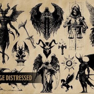May include: A collection of vintage, distressed illustrations featuring gothic and demonic imagery. The artwork includes winged figures, a skull, and a grim reaper, all in black ink on a tan background. The words "VINTAGE DISTRESSED" are in a banner.