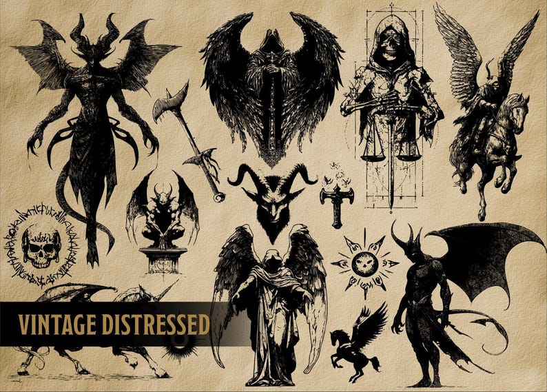 May include: A collection of vintage, distressed illustrations featuring gothic and demonic imagery. The artwork includes winged figures, a skull, and a grim reaper, all in black ink on a tan background. The words "VINTAGE DISTRESSED" are in a banner.