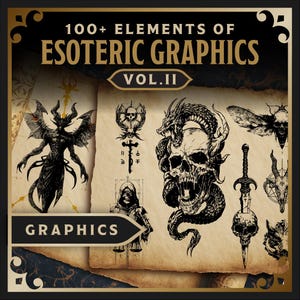 Puede incluir: Una impresión de arte digital con gráficos esotéricos. La obra de arte incluye ilustraciones de calaveras, demonios, dragones y otros símbolos místicos. El texto dice "100+ Elements of Esoteric Graphics Vol. II" y "Graphics". La paleta de colores es principalmente negra y beige.