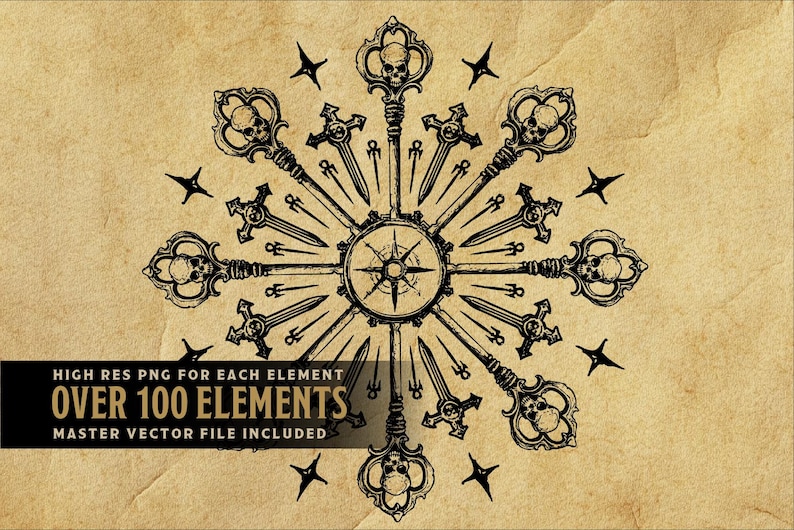 May include: A black and white illustration of a compass surrounded by keys with skulls on the ends. The keys are arranged in a circular pattern around the compass. The image is on a brown background.