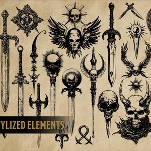 May include: An illustration featuring 100 stylized black and white elements, such as swords, daggers, and skulls. The image has a vintage feel, with the text "100 STYLIZED ELEMENTS" at the bottom. The detailed illustrations have a gothic theme.