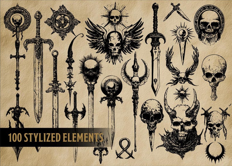 May include: An illustration featuring 100 stylized black and white elements, such as swords, daggers, and skulls. The image has a vintage feel, with the text "100 STYLIZED ELEMENTS" at the bottom. The detailed illustrations have a gothic theme.