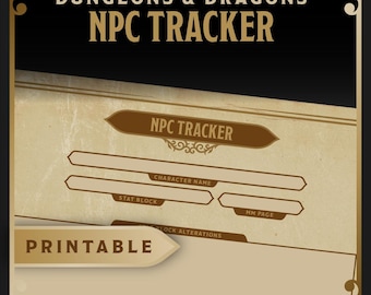 Puede incluir: Hoja de seguimiento de PNJ de Dungeons & Dragons imprimible con un diseño marrón y dorado. La hoja tiene secciones para el nombre del personaje, el bloque de estadísticas y la página MM.