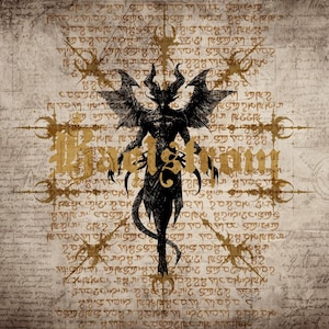 May include: A gothic-style illustration of a horned, winged demon with a tail, set against a textured, parchment-like backdrop. The word "Haelstrom" is in gold script. The background is filled with script and decorative elements.