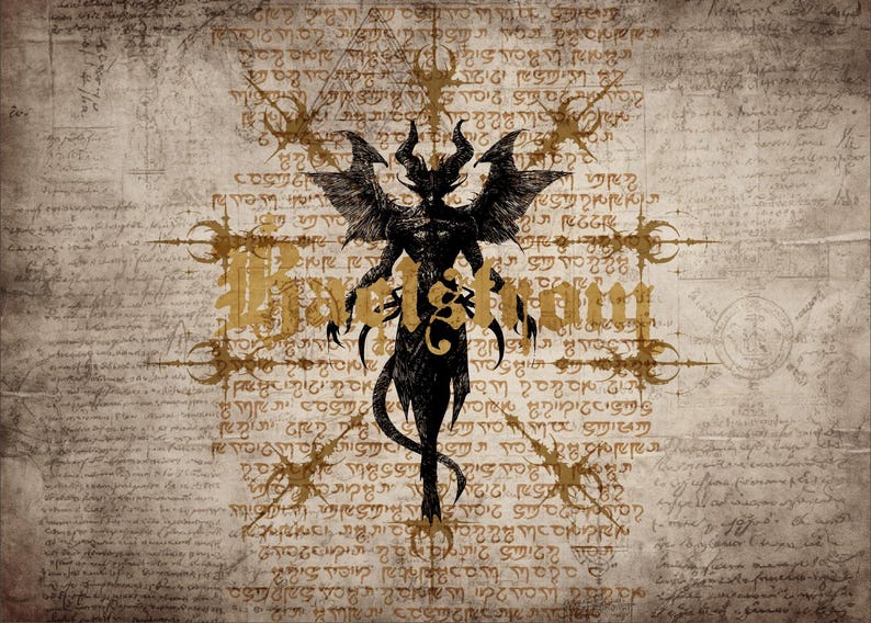 May include: A gothic-style illustration of a horned, winged demon with a tail, set against a textured, parchment-like backdrop. The word "Haelstrom" is in gold script. The background is filled with script and decorative elements.