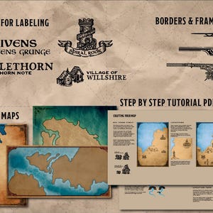 May include: An image showcasing various design elements for map creation. It includes fonts for labeling, decorative borders and frames, blank maps with blue and brown watercolor effects, and a step-by-step tutorial PDF. The image also features illustrations of a castle and a village.