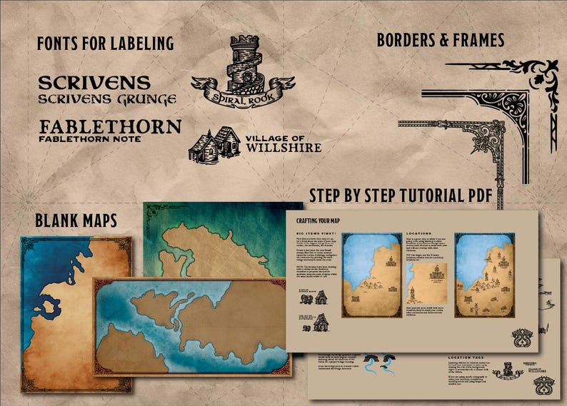 May include: An image showcasing various design elements for map creation. It includes fonts for labeling, decorative borders and frames, blank maps with blue and brown watercolor effects, and a step-by-step tutorial PDF. The image also features illustrations of a castle and a village.