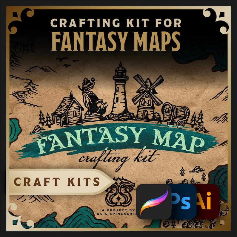 May include: A fantasy map crafting kit with the text "Crafting Kit for Fantasy Maps" and "Fantasy Map crafting kit". The image features illustrations of a house, statue, lighthouse, windmill, and covered wagon. Software icons for Procreate, Photoshop, and Illustrator are also included.