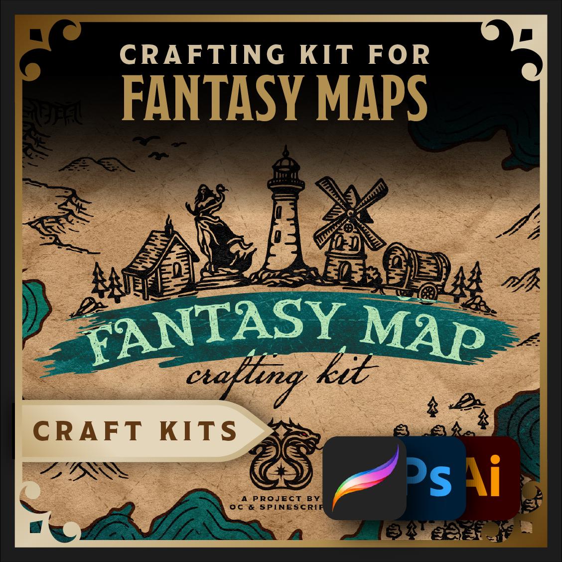 Fantasy Map Maker’s Kit – 100+ Assets, Starter Maps, Brushes, Fonts, Vintage Textures + Vector File