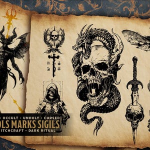 May include: A collection of black and white illustrations of occult symbols and sigils on aged paper. The image features a demonic figure, a skull entwined with a dragon, and a skull with a sword. Text at the bottom reads "SYMBOLS MARKS SIGILS".