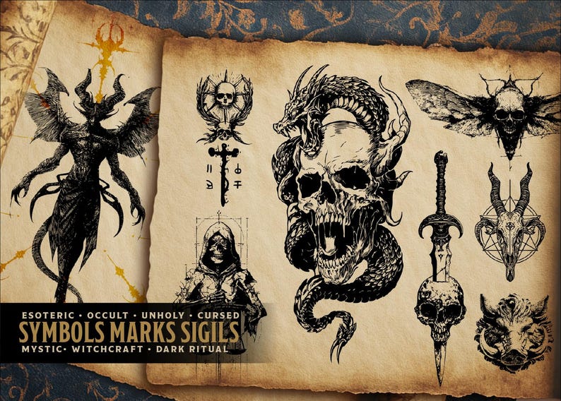 May include: A collection of black and white illustrations of occult symbols and sigils on aged paper. The image features a demonic figure, a skull entwined with a dragon, and a skull with a sword. Text at the bottom reads "SYMBOLS MARKS SIGILS".