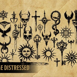 May include: A collection of vintage distressed black and white illustrations featuring various symbols, including a pentagram, a skull, a key, a snake, a sun, a cross, and a bird. The illustrations are on a brown paper background with the text "Vintage Distressed" at the bottom.