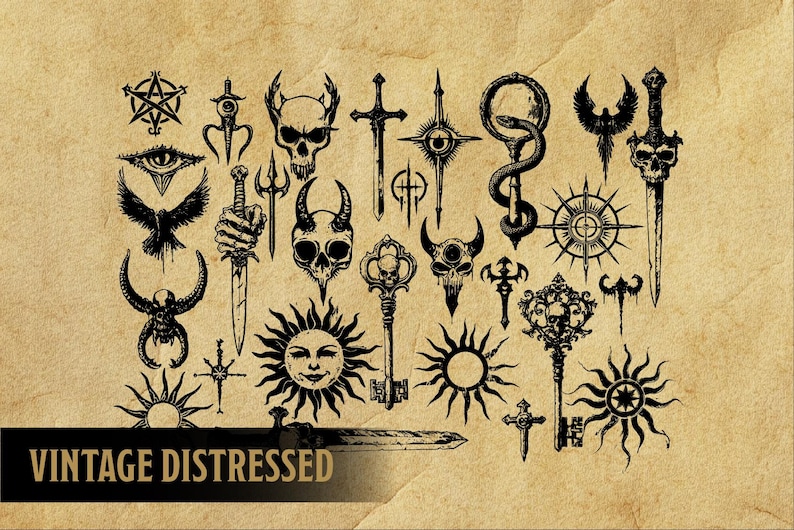 May include: A collection of vintage distressed black and white illustrations featuring various symbols, including a pentagram, a skull, a key, a snake, a sun, a cross, and a bird. The illustrations are on a brown paper background with the text "Vintage Distressed" at the bottom.