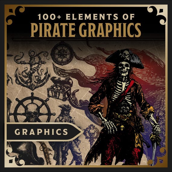 Pirate Graphics Bundle: Distressed PNGs, Vectors, Vintage Maps (Digital Download)