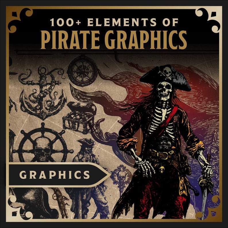 May include: A digital graphic design featuring pirate-themed elements. The image includes a skeletal pirate, an anchor, a treasure chest, a ship's wheel, and the text "100+ ELEMENTS OF PIRATE GRAPHICS". The color palette is primarily brown, red, and black.