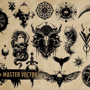 May include: A selection of black and white gothic illustrations on a beige background. The images include skulls, a scythe, a spider, a raven, and other occult symbols. The text "PNG's + MASTER VECTOR" is also present.