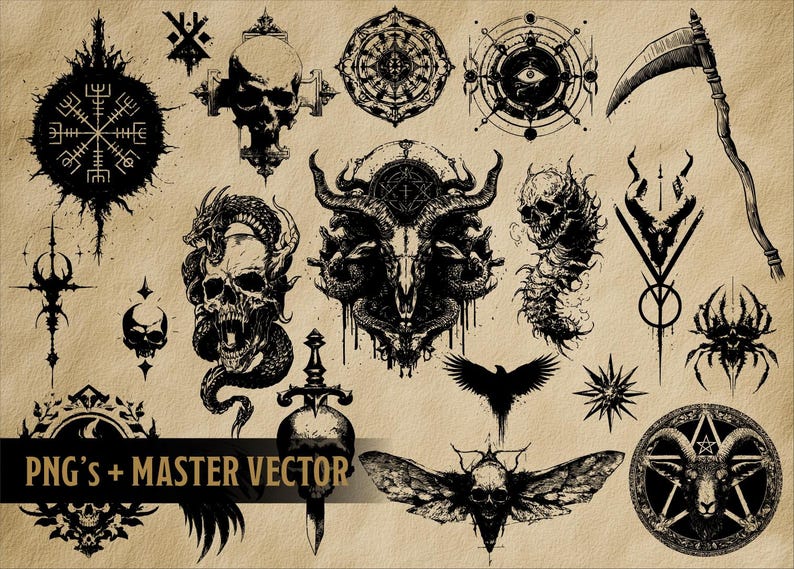 May include: A selection of black and white gothic illustrations on a beige background. The images include skulls, a scythe, a spider, a raven, and other occult symbols. The text "PNG's + MASTER VECTOR" is also present.