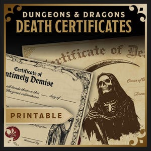 Certidão de óbito de Fantasy DnD/TTRPG – Layout claro com design ornamental – PDF imprimível em tamanho A4 + Carta