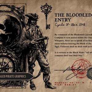 May include: Distressed and aged pirate graphic featuring a skull, compass, and a pirate with a key. The text reads "The Bloodledger Entry" and includes coordinates and the phrase "Distressed & Aged Pirate Graphics."