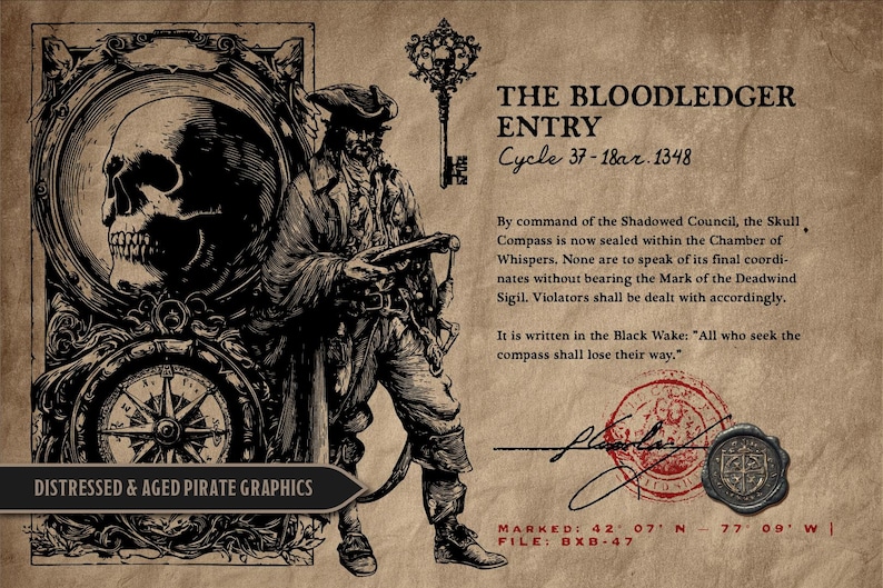 May include: Distressed and aged pirate graphic featuring a skull, compass, and a pirate with a key. The text reads "The Bloodledger Entry" and includes coordinates and the phrase "Distressed & Aged Pirate Graphics."