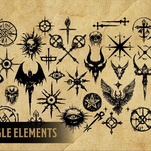 May include: A collection of 85 black and white vector illustrations of occult and mystical symbols. The symbols include stars, crosses, eyes, skulls, and other esoteric imagery.