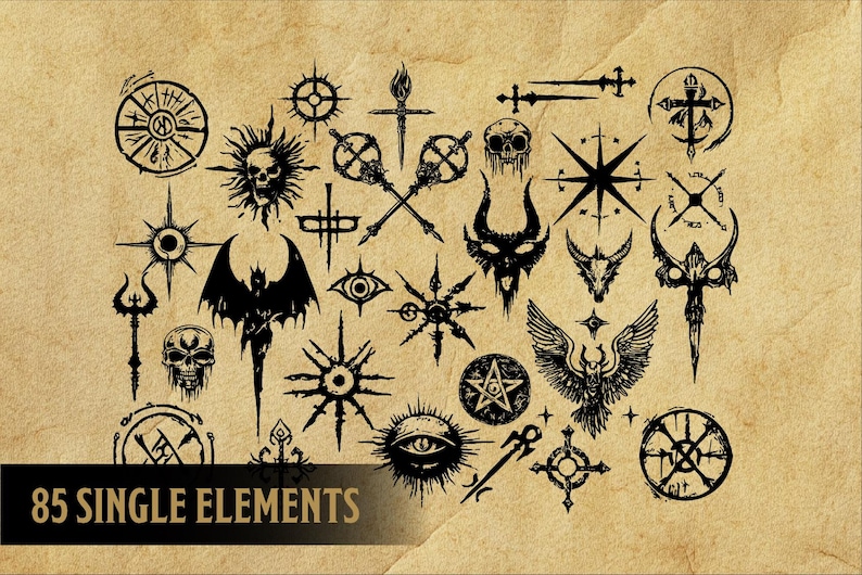 May include: A collection of 85 black and white vector illustrations of occult and mystical symbols. The symbols include stars, crosses, eyes, skulls, and other esoteric imagery.