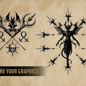 May include: Two black and white gothic illustrations on a tan background. One shows a demon with wings, a skull, and crossed weapons. The other depicts a winged demon surrounded by starbursts. The text "COMBINE YOUR GRAPHICS" is at the bottom.