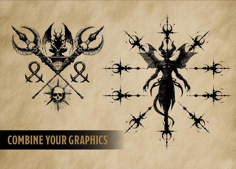May include: Two black and white gothic illustrations on a tan background. One shows a demon with wings, a skull, and crossed weapons. The other depicts a winged demon surrounded by starbursts. The text "COMBINE YOUR GRAPHICS" is at the bottom.