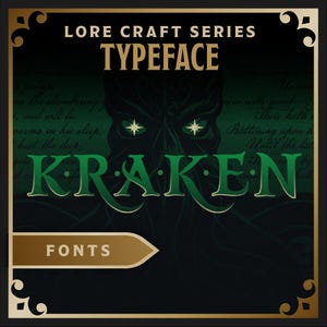 May include: Green and gold font design featuring the word "KRAKEN" in a bold, stylised font. The design is set against a dark green background with a stylised kraken creature with glowing eyes.