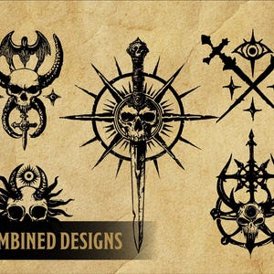 May include: A set of six black and white vector illustrations of skulls with horns, swords, and other symbols. The illustrations are on a brown background with the text "15+ COMBINED DESIGNS".