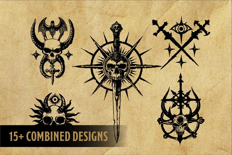 May include: A set of six black and white vector illustrations of skulls with horns, swords, and other symbols. The illustrations are on a brown background with the text "15+ COMBINED DESIGNS".