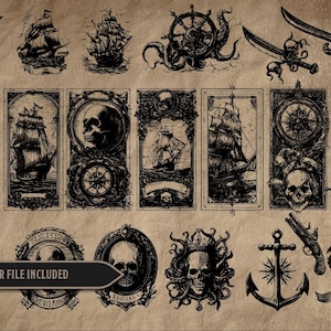 May include: A collection of black and white pirate-themed illustrations on a tan background. The image includes ships, skulls, swords, compasses, anchors, and banners. The text "MASTER VECTOR FILE INCLUDED" is also present.