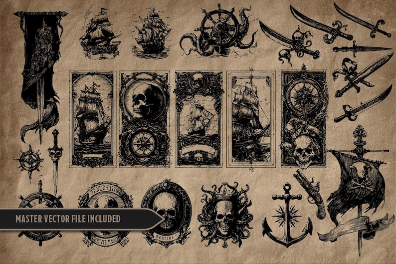 May include: A collection of black and white pirate-themed illustrations on a tan background. The image includes ships, skulls, swords, compasses, anchors, and banners. The text "MASTER VECTOR FILE INCLUDED" is also present.