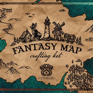 May include: A fantasy map crafting kit with a vintage aesthetic. The design features a detailed illustration of a map with mountains, a lighthouse, a windmill, and a small house. The text "FANTASY MAP crafting kit" is prominently displayed.