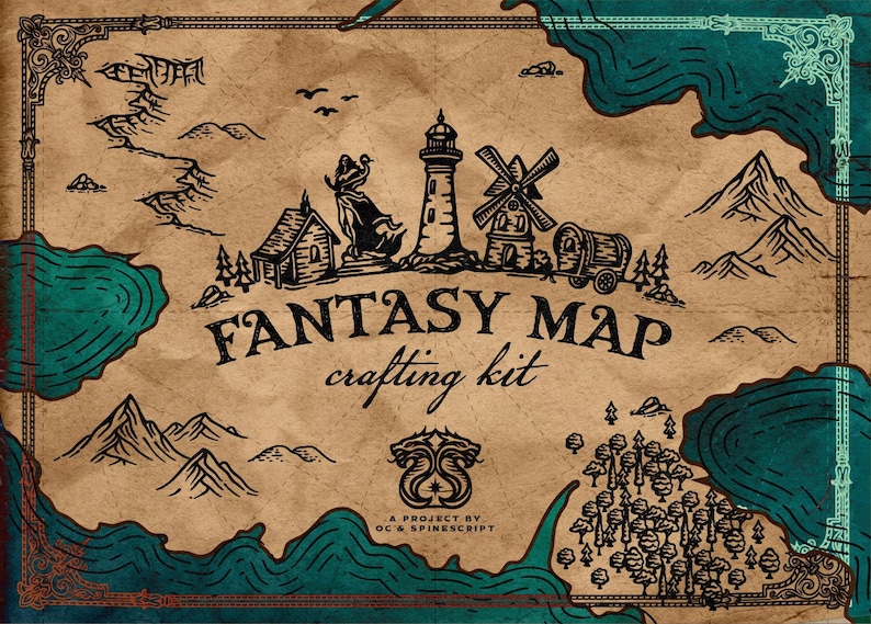 May include: A fantasy map crafting kit with a vintage aesthetic. The design features a detailed illustration of a map with mountains, a lighthouse, a windmill, and a small house. The text "FANTASY MAP crafting kit" is prominently displayed.