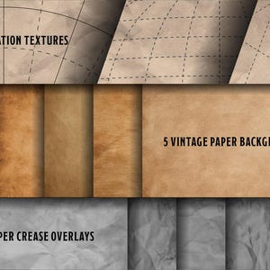 May include: An image showcasing a collection of digital paper textures. The image is divided into sections, displaying various textures including navigation maps, vintage paper backgrounds, and paper crease overlays. The text "3 NAVIGATION TEXTURES", "5 VINTAGE PAPER BACKGROUNDS", and "5 PAPER CREASE OVERLAYS" are visible.