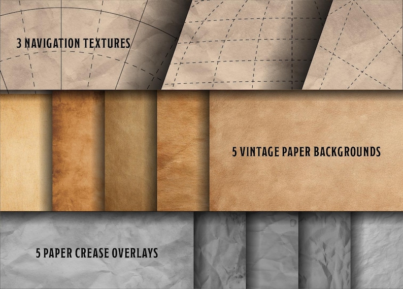 May include: An image showcasing a collection of digital paper textures. The image is divided into sections, displaying various textures including navigation maps, vintage paper backgrounds, and paper crease overlays. The text "3 NAVIGATION TEXTURES", "5 VINTAGE PAPER BACKGROUNDS", and "5 PAPER CREASE OVERLAYS" are visible.