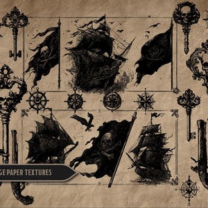 May include: A vintage-style illustration featuring pirate-themed elements. The image includes ornate keys with skull designs, sailing ships, skull and crossbones flags, compasses, and antique pistols. The text "5 BONUS VINTAGE PAPER TEXTURES" is also present.