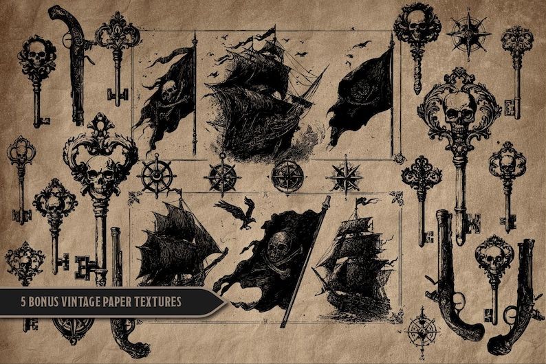 May include: A vintage-style illustration featuring pirate-themed elements. The image includes ornate keys with skull designs, sailing ships, skull and crossbones flags, compasses, and antique pistols. The text "5 BONUS VINTAGE PAPER TEXTURES" is also present.