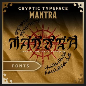 Puede incluir: Diseño gráfico con la palabra "MANTRA" en una fuente oscura y estilizada. El diseño incluye una rosa de los vientos y texto adicional, todo sobre un fondo dorado texturizado. También están presentes las palabras "CRYPTIC TYPEFACE" y "FONTS".
