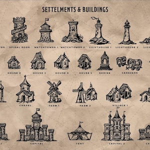May include: An illustration of various settlements and buildings, including towers, houses, lighthouses, and castles. The image is in black and white, with the text "SETTELMENTS & BUILDINGS" at the top. The style is reminiscent of a vintage map or drawing.