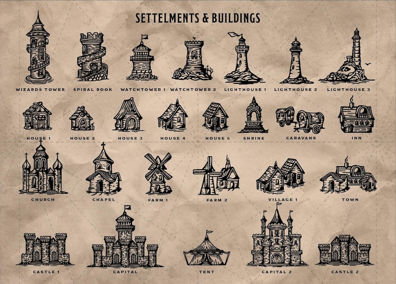 May include: An illustration of various settlements and buildings, including towers, houses, lighthouses, and castles. The image is in black and white, with the text "SETTELMENTS & BUILDINGS" at the top. The style is reminiscent of a vintage map or drawing.