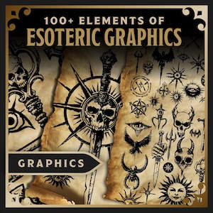 Op de afbeelding: Een verzameling van meer dan 100 esoterische grafische elementen, waaronder schedels, zwaarden, pentagrammen en andere occulte symbolen. De graphics zijn in zwart-wit en hebben een vintage, handgetekende stijl. Ze zijn perfect voor het maken van unieke ontwerpen voor T-shirts, posters en andere projecten.