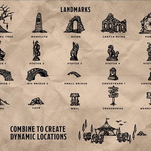 May include: A vintage-style illustration featuring various landmarks, including a hanging tree, monolith, ruins, and castle ruins. The image also includes statues, bridges, and a well. Text at the bottom reads "COMBINE TO CREATE DYNAMIC LOCATIONS."